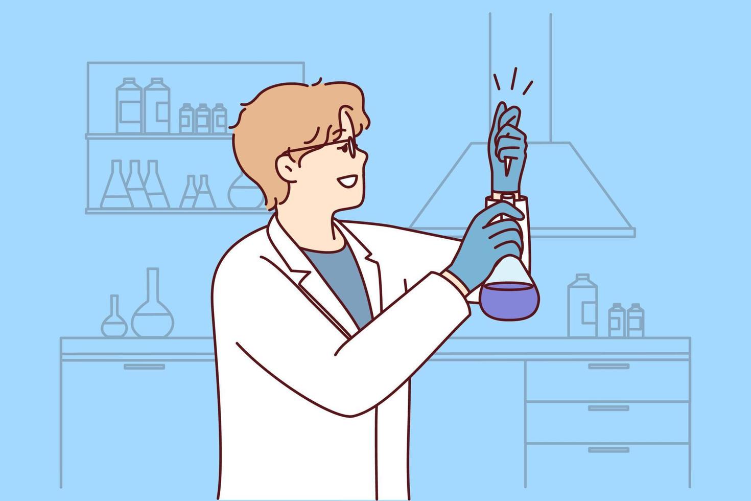 Male scientist make experiments with tube in laboratory. Man researcher in white uniform experiment in lab. Biology and science. Vector illustration.