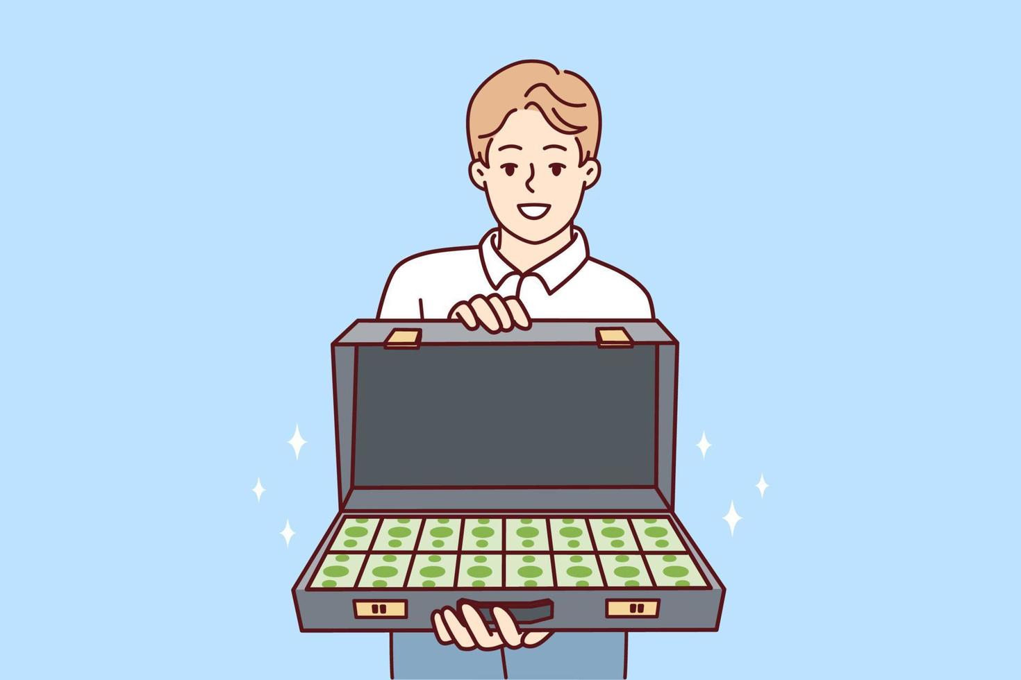 Smiling young man hold briefcase with dollar bills inside. Happy rich male with case full of money. Financial stability and wellness. Vector illustration.