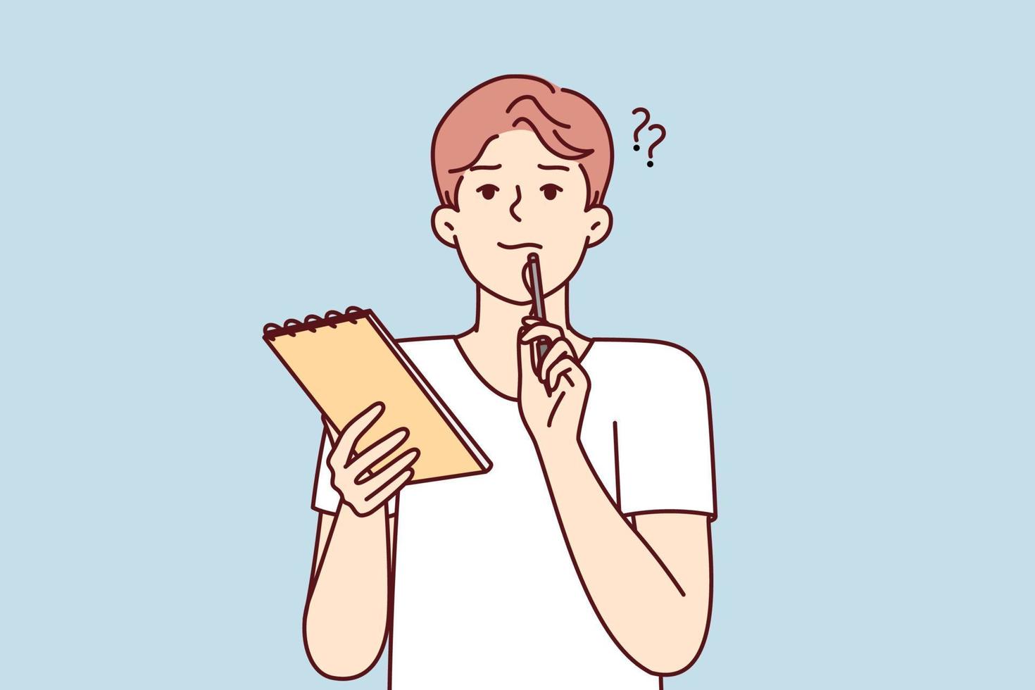 Positive thoughtful man with notebook in hand puts pen to face while thinking about difficult task. Boy high school student preparing for exams or important olympics. Flat vector illustration