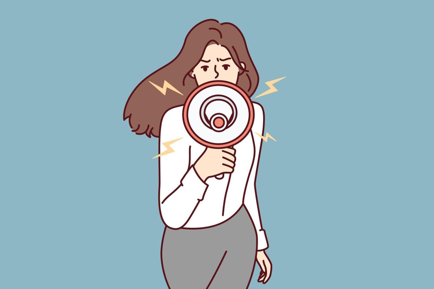 mujer valiente gritando megáfono hablando en protesta civil y llamando a la gente a la acción. la chica de pelo largo sostiene el gramófono en la mano y grita en voz alta para advertir del peligro. ilustración vectorial plana vector