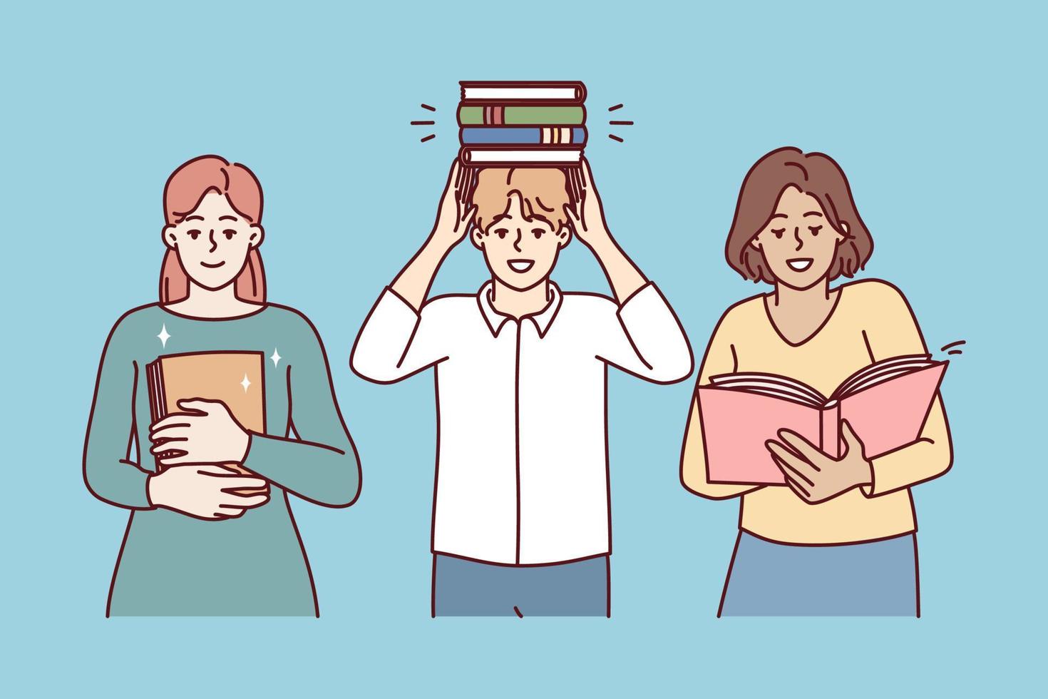 Man and two women students with books from library preparing for exams for university entrance. Set high school pupil people or teachers with textbooks for educational concept. Flat vector image