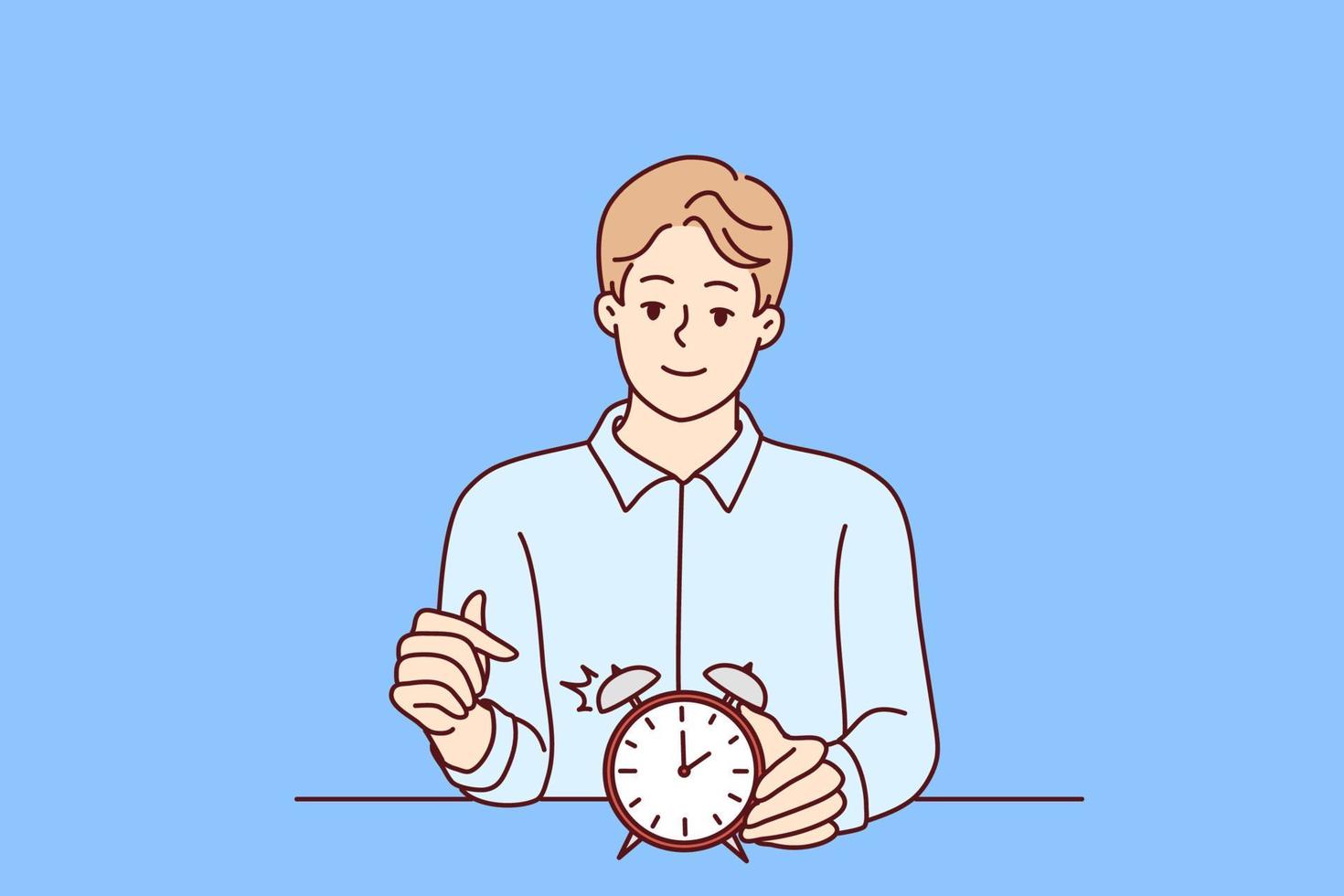 Smiling man points finger at alarm clock to remind of beginning or end of lunch break. Concept time management and control over optimal use of working period. Flat vector illustration