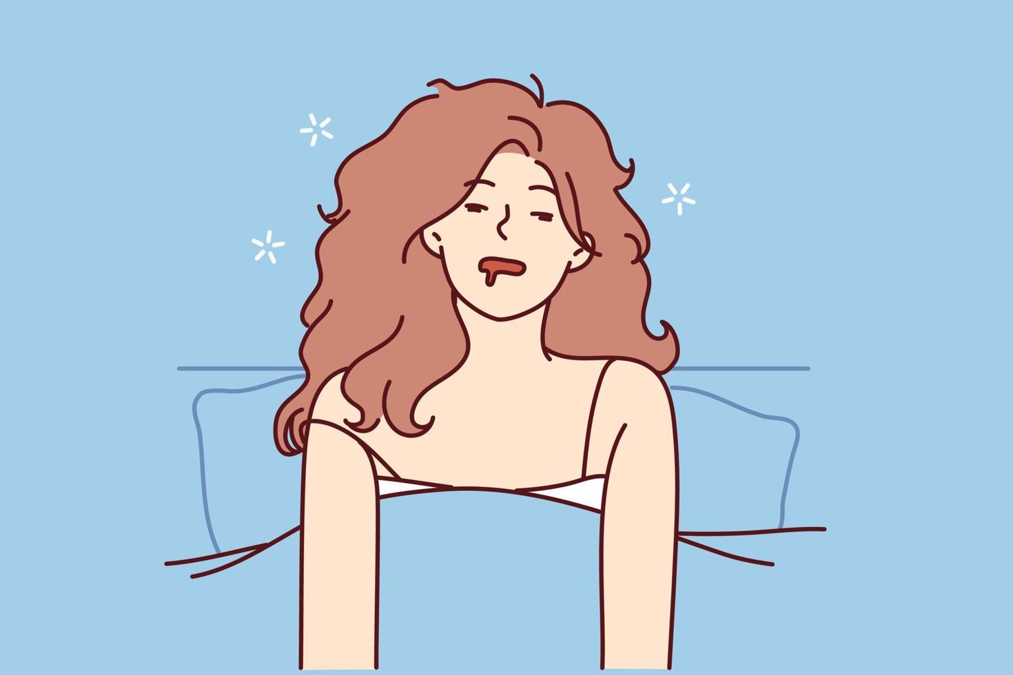 Disheveled woman in nightgown sits in bed after abrupt awakening or unpleasant dreams. Girl has problems sleeping and cannot fall asleep or is sick with sleepwalking. Flat vector illustration