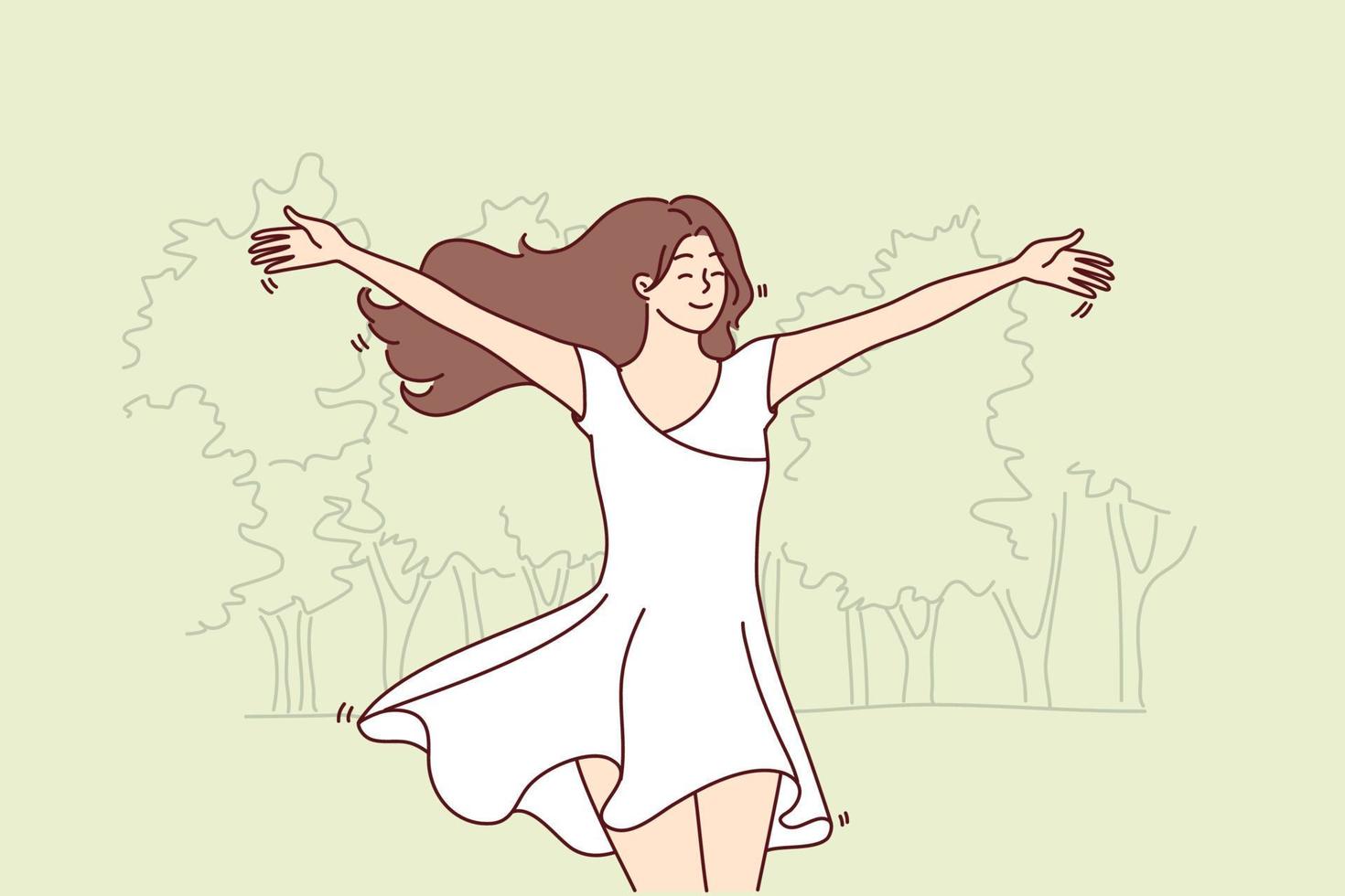Happy woman runs through park in white flowing dress and enjoys warm summer weather. Young beautiful lady with long hair rejoices in walk and hot spring day. Flat vector illustration