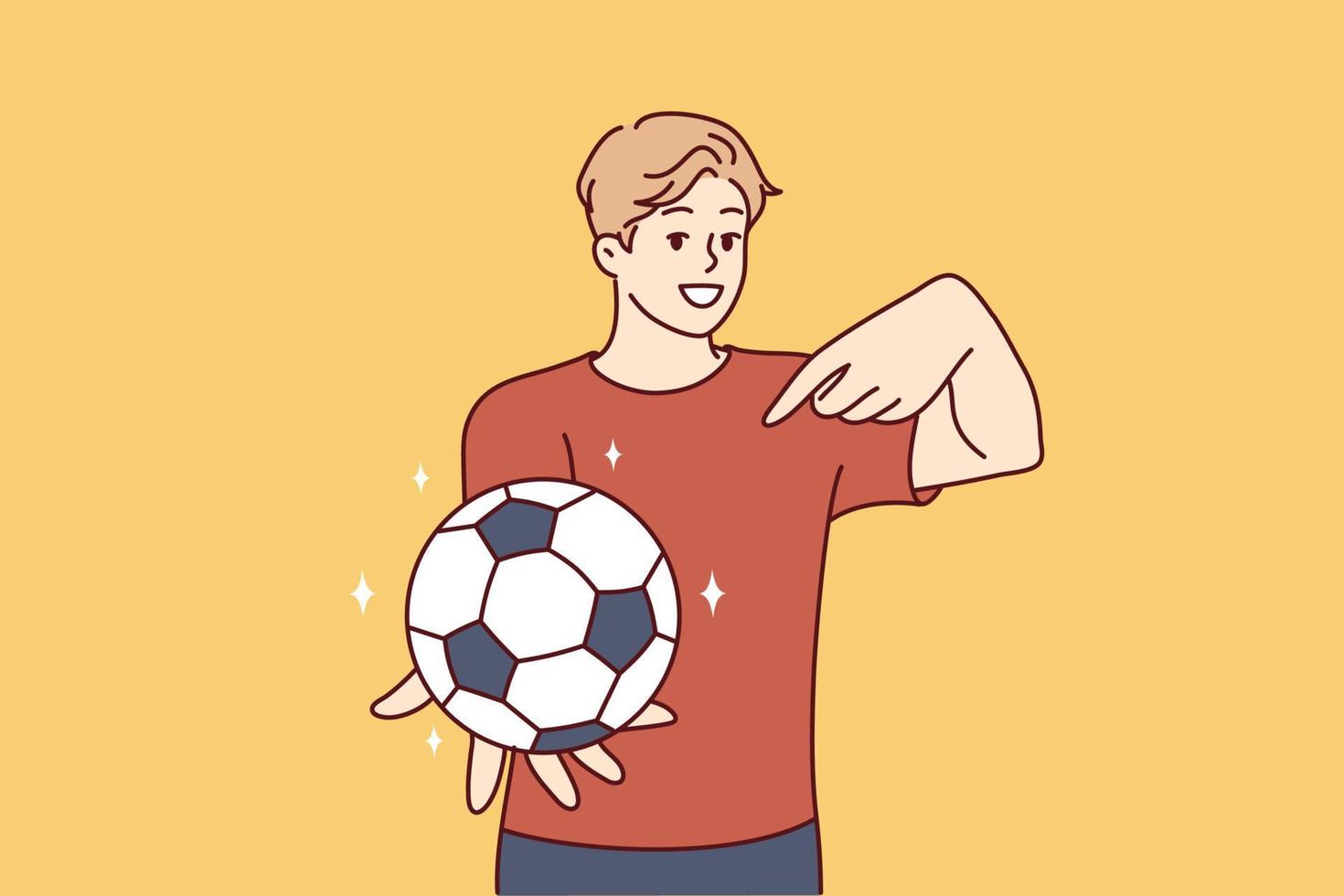 Young man holds out hand with soccer ball and points finger at it offering to play football. Guy teenager wants to lead active lifestyle compete in team sports. Flat vector illustration