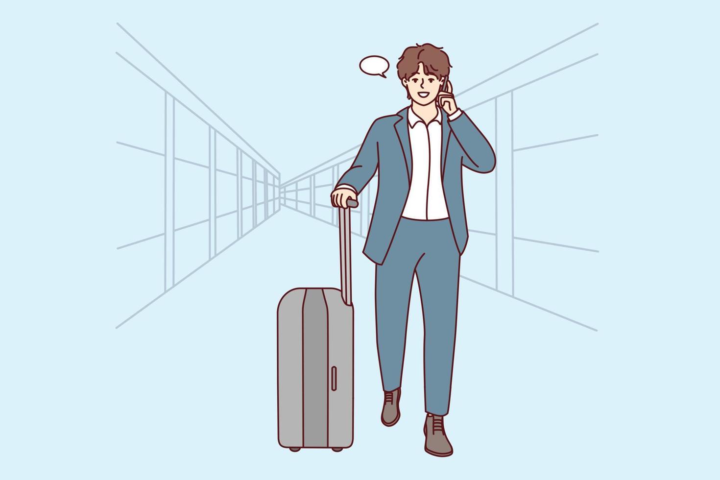 joven empresario con maleta caminando en el aeropuerto hablando por celular. el jefe masculino confiado en traje tiene una llamada de teléfono inteligente lista para un viaje de negocios. ilustración vectorial vector