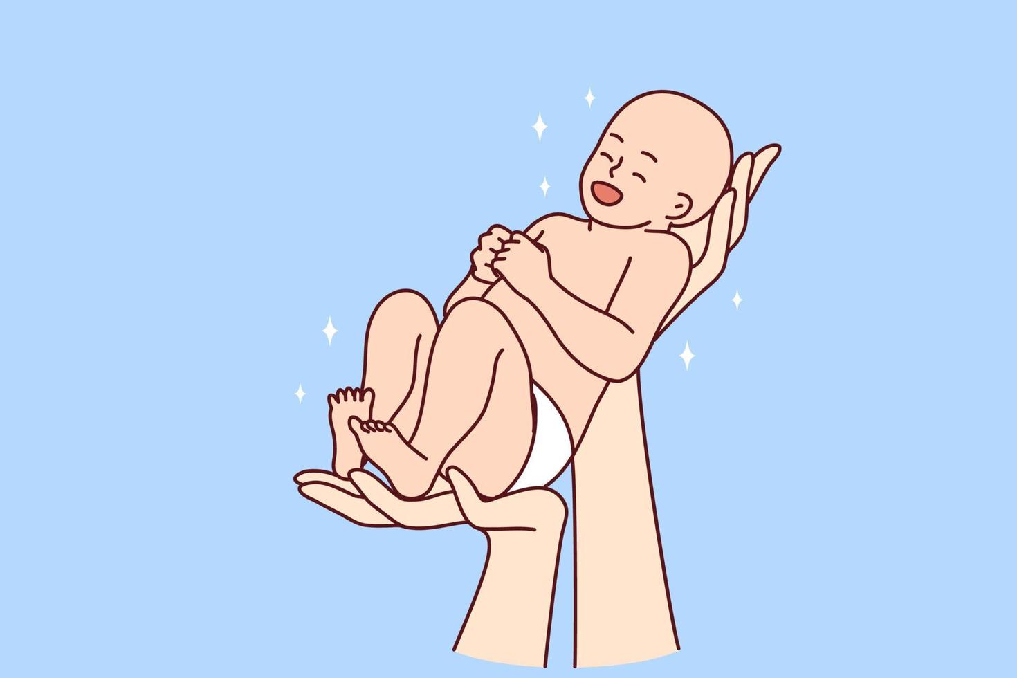 Close-up of hands holding smiling cute newborn baby. Parent with child infant excited about parenthood. Childbirth concept. Vector illustration.