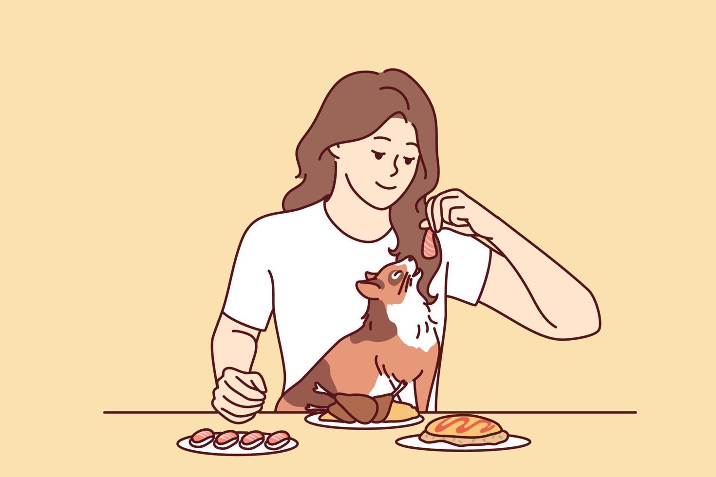 mujer joven sonriente alimentando al gato con comida de la mesa. una chica feliz le da una comida sabrosa a un lindo gatito comiendo juntos en casa. ilustración vectorial vector