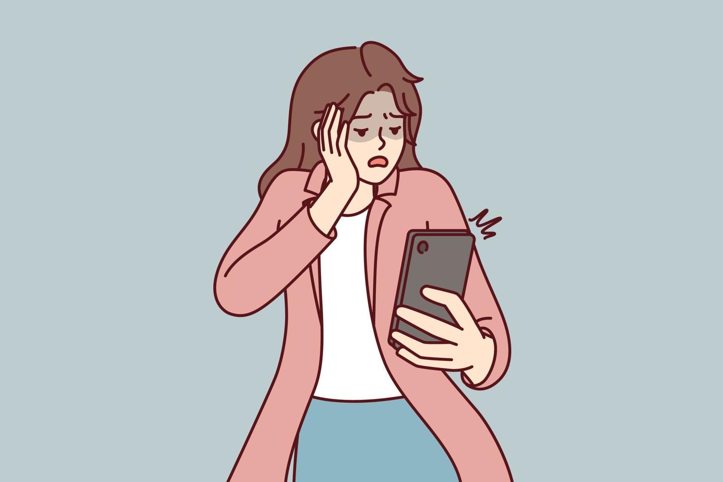 Frightened woman looks into mobile phone after seeing unpleasant SMS message. Girl selling from bullying in social networks reading unpleasant comments through smartphone. Flat vector illustration