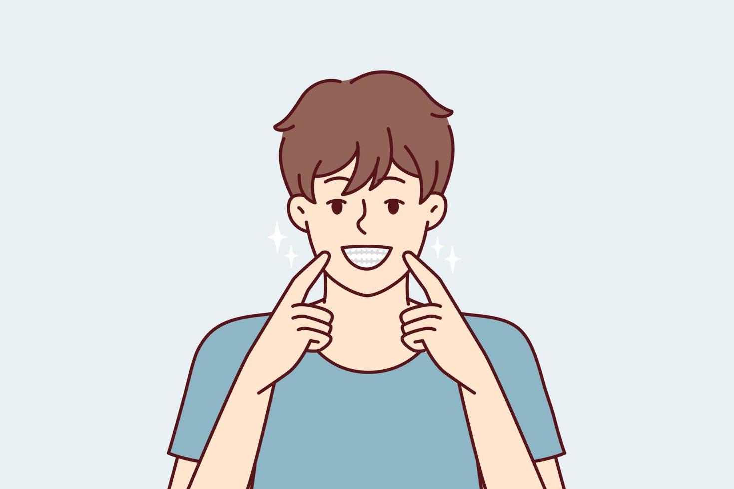 Man smiles broadly and shows off snow-white healthy teeth after going to dentist. Happy guy pointing fingers at mouth recommends good toothpaste for beaming smile. Flat vector illustration