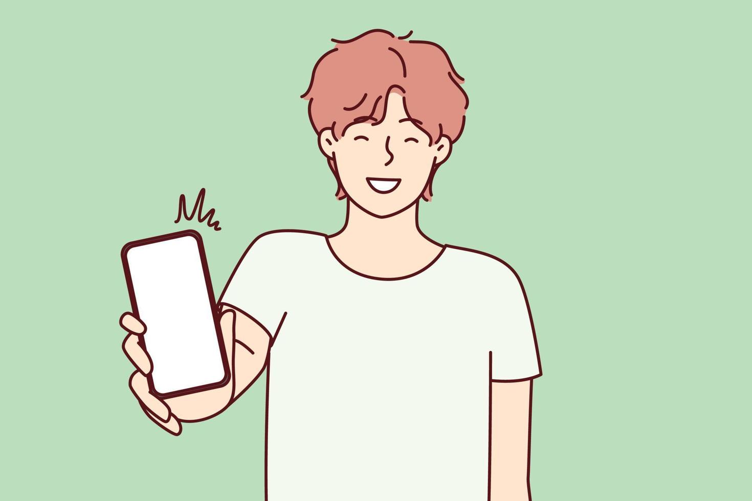 hombre feliz mostrando la pantalla del teléfono inteligente y sonriendo para recomendar aplicaciones geniales. chico positivo de edad universitaria que sostiene un teléfono móvil con pantalla en blanco cuenta con un sitio web. ilustración vectorial plana vector