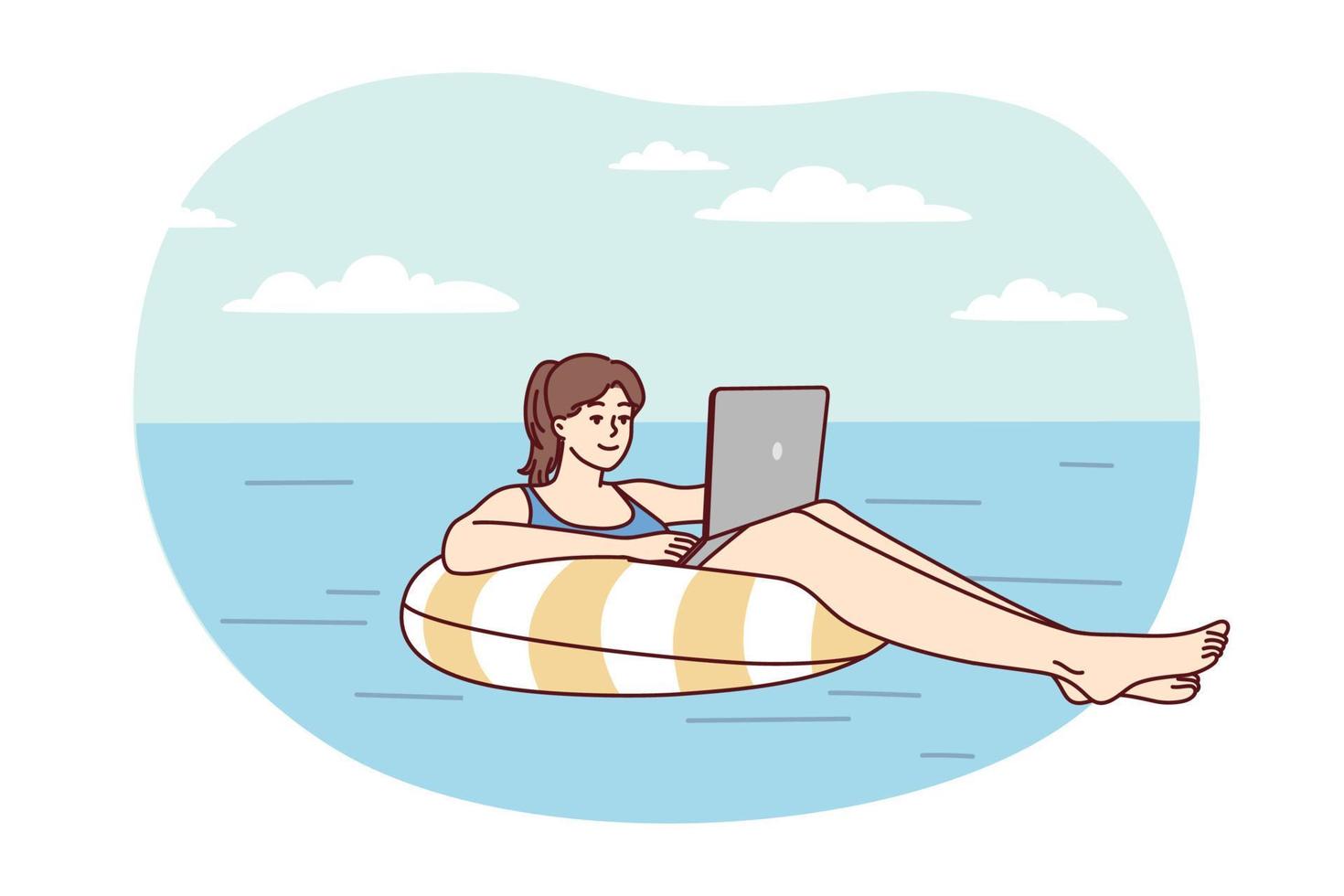 Young successful woman floats on air mattress in sea with laptop on lap in sunny tropical resort. Girl freelancer enjoys sunbathing and working with computer at same time. Flat vector illustration