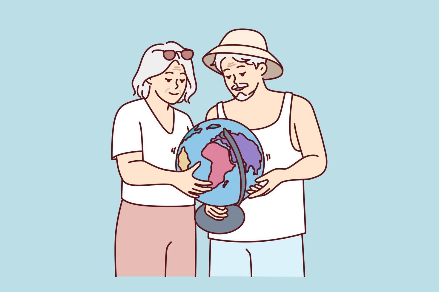 Elderly couple is considering globe choosing place for future trip or sightseeing tour. Mature gray-haired man and woman choose continent or state for life after retirement. Flat vector illustration