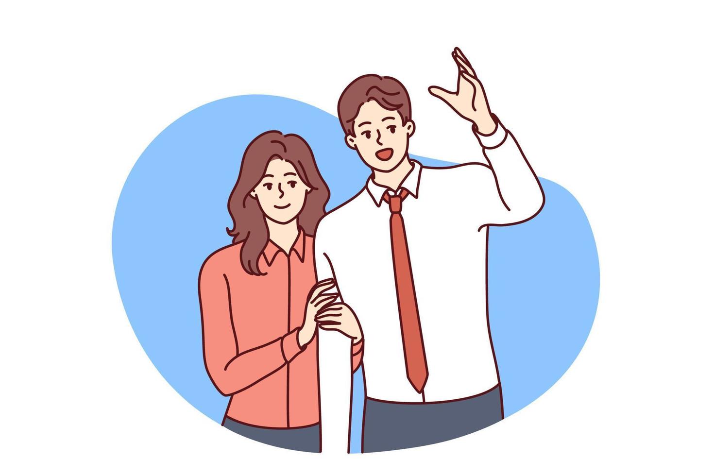 Man raising hand wanting to be noticed and modest smiling woman standing behind. Young family couple of guy in business clothes and girl dressed in casual style. Flat vector illustration