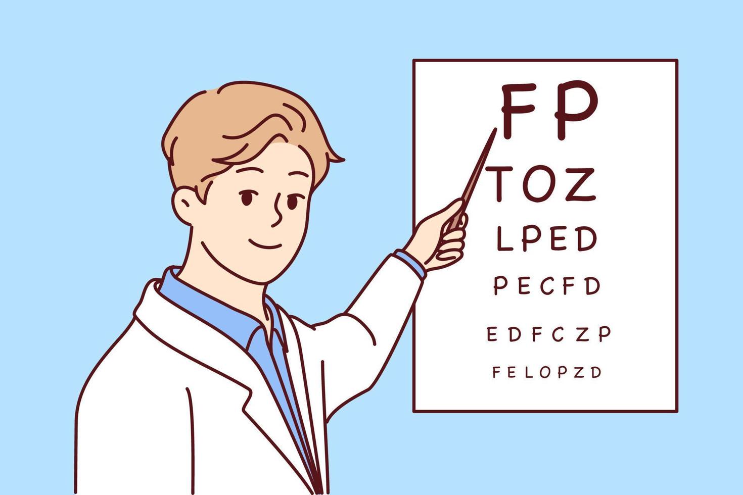 Man doctor holds out pointer to poster with letters for checking eyesight of patients. Positive ophthalmologist in white coat works in clinic helping to treat eye diseases. Flat vector illustration