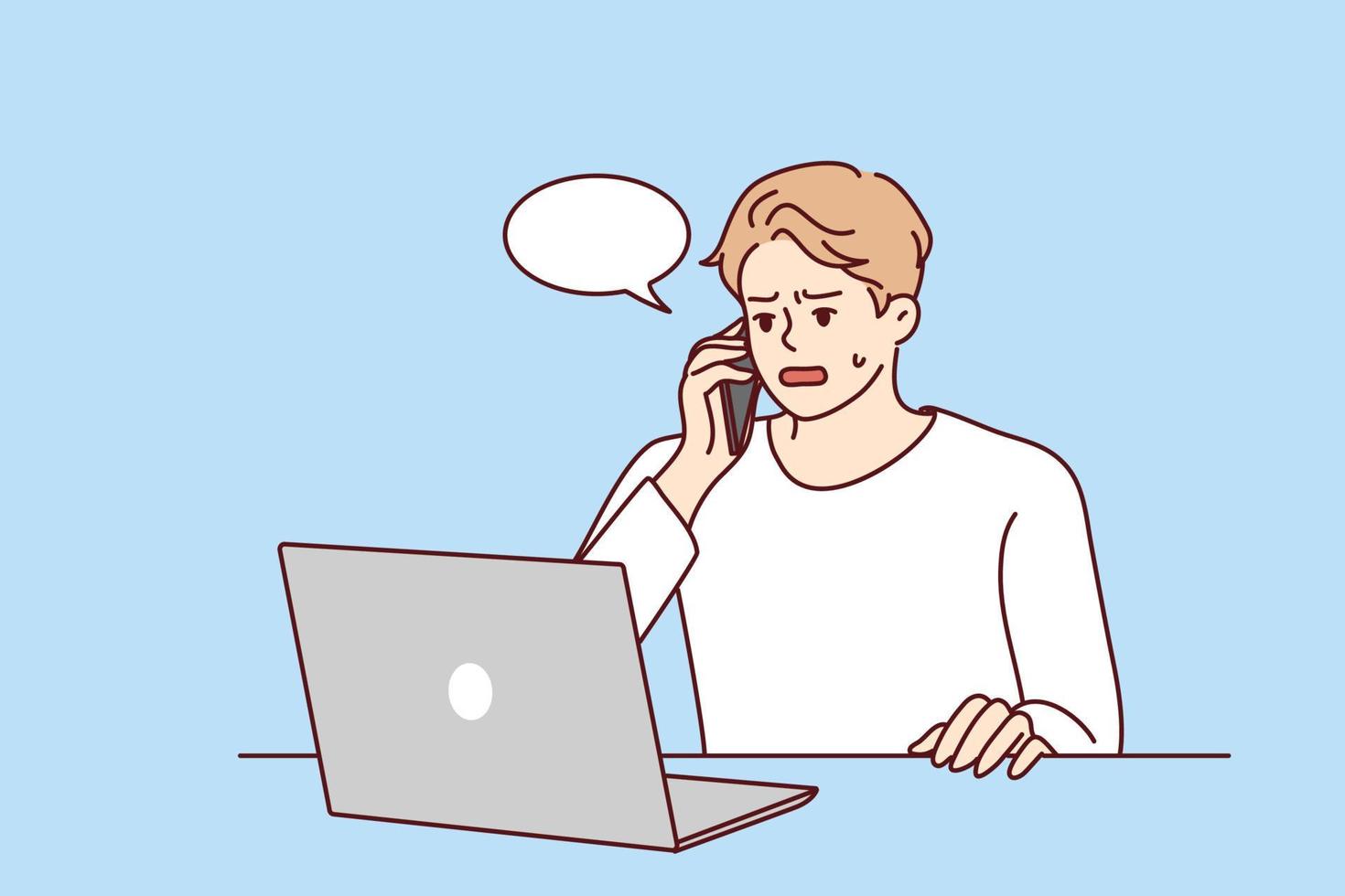 Angry young man sit at desk work on computer talk on cell about problem on device. Unhappy male experience trouble using laptop speak with helpline. Vector illustration.