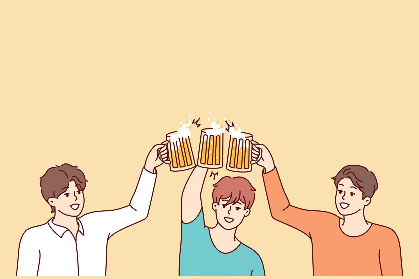 jóvenes sonrientes tintinean vasos bebiendo cerveza juntos. chicos felices saludos disfruten la fiesta diviértanse. concepto de amistad. ilustración vectorial vector