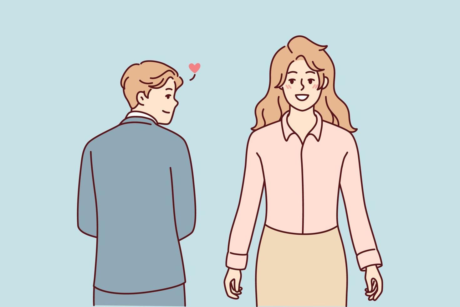 el hombre vestido de negocios mira hacia atrás a una mujer hermosa que tiene sentimientos amorosos por un colega de trabajo. romance de oficina conceptual entre un chico y una chica que son empleados de la misma empresa. imagen vectorial plana vector