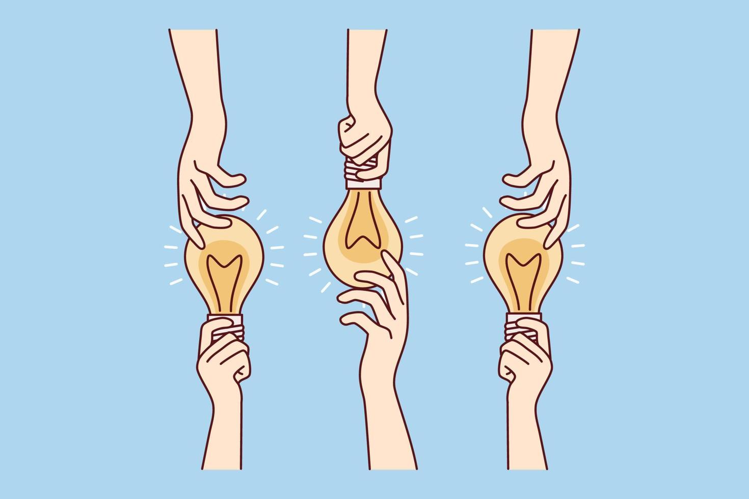 Hands with glowing light bulbs are metaphor for idea or thought-out solution to get rid of problem. People share and exchange development thought or brainstorm. Flat vector illustration