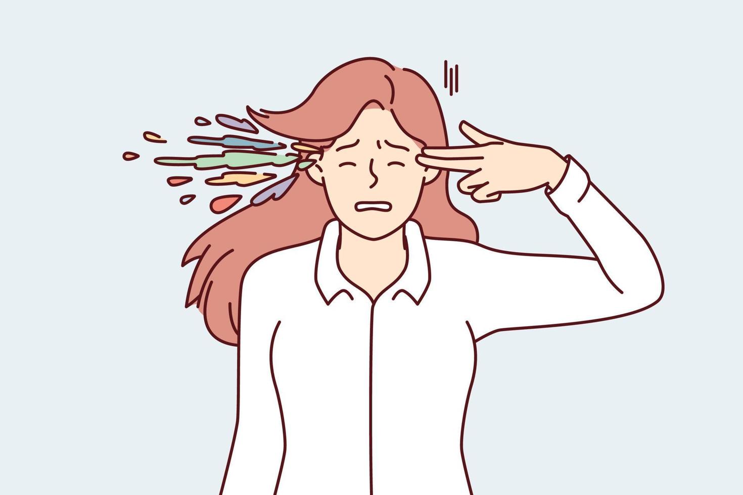 Frustrated woman puts fingers to temple imitating gun to commit suicide. Depressed young girl wishes to shoot herself after failing to get college or university education. Flat vector design