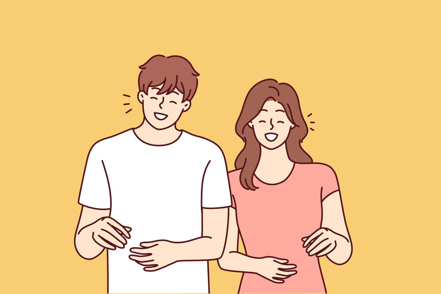 Happy man and woman stands and smiling experience positive emotions from walking together. Everyday zoomers boy and girl are laughing while discussing funny life stories. Flat vector image