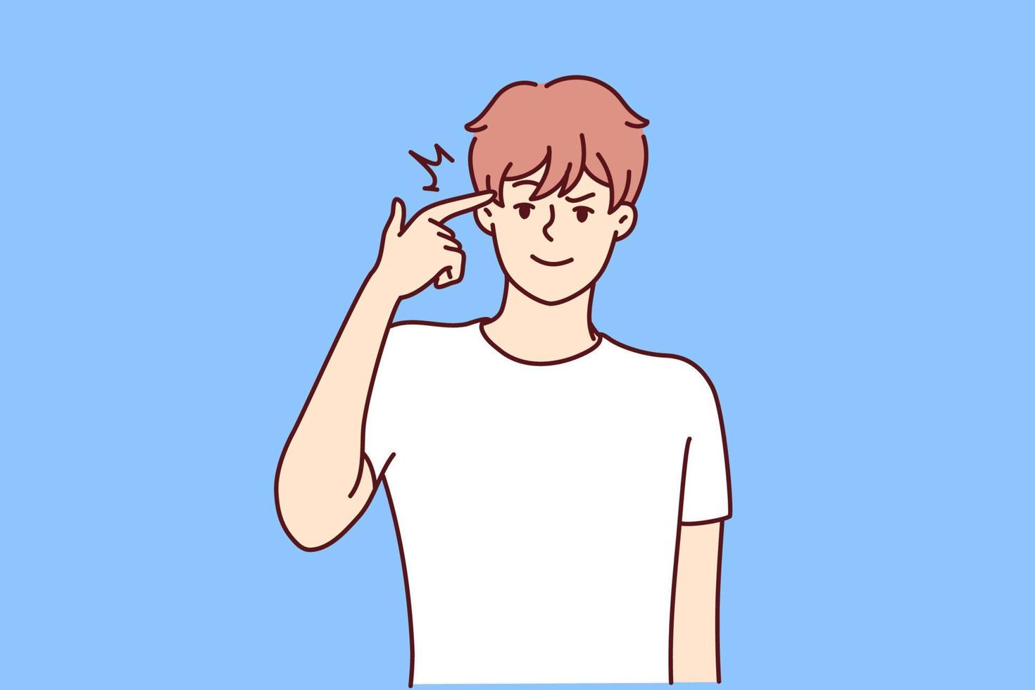 Man touches temple with finger wanting to show presence of idea or important thoughts. Young guy in t-shirt with smile makes gesture of gun by bringing hand to head. Flat vector image