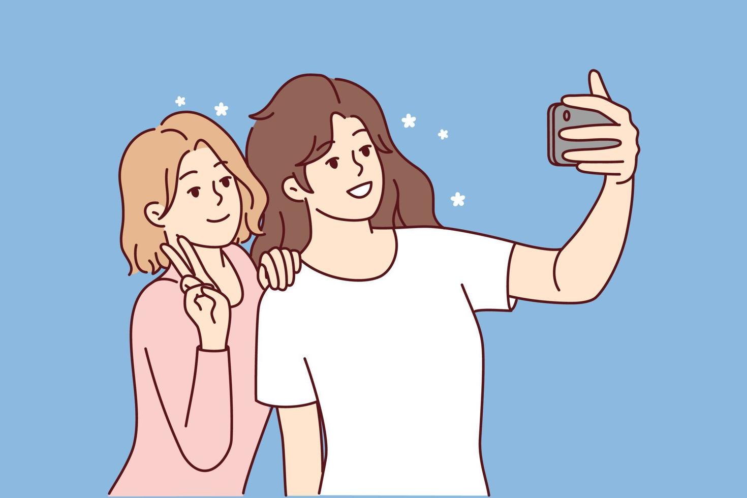 Smiling girls making selfie on smartphone together. Happy women have fun take self-portrait picture on modern cellphone camera. Vector illustration.