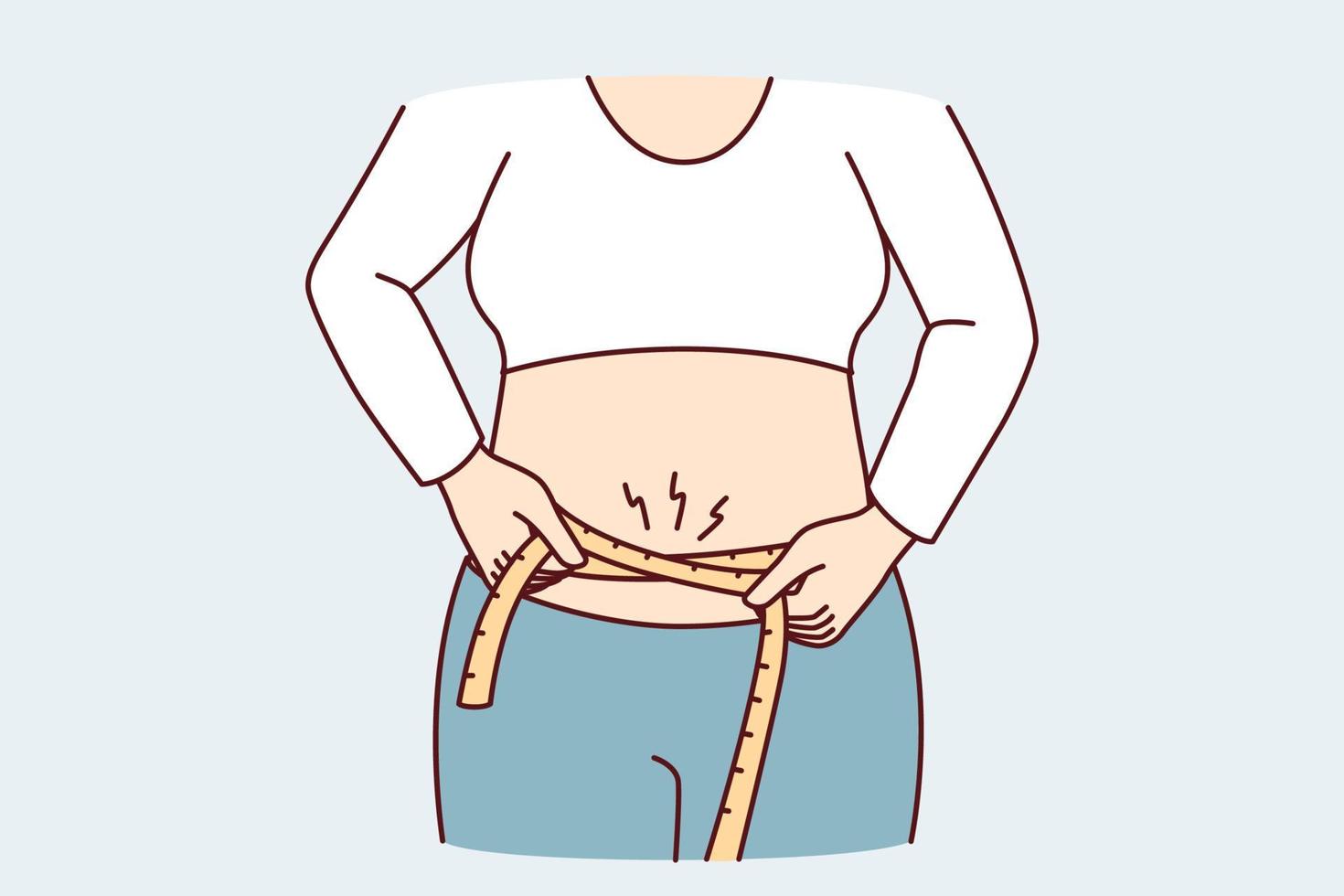 Woman wants to lose extra pounds measures waist size to track result of training. Hands girl with measuring tape to monitor progress after new diet designed to get rid excess weight. Flat vector image