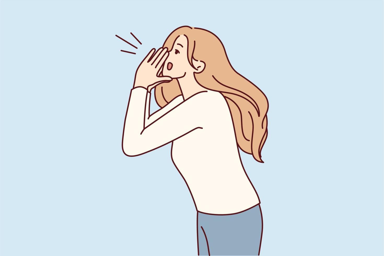 Blonde woman putting hands to mouth screaming inviting everyone to promotion or sale. Lady in casual clothes loudly calls you to pay attention using palms instead of megaphone. Flat vector design