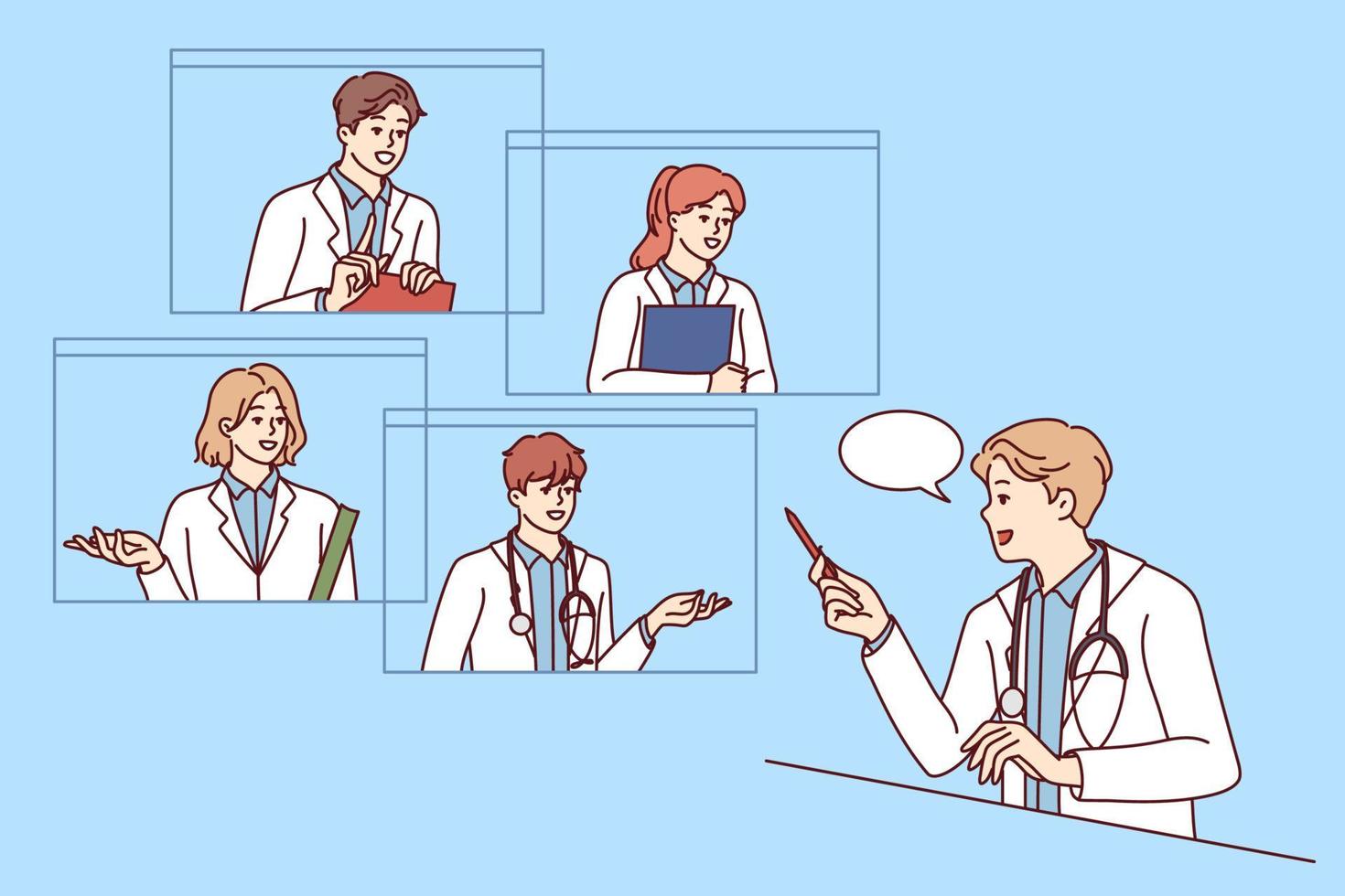 Male doctor talk on video call with colleagues consulting. GP have online consultation with coworkers on webcam. Teamwork. Vector illustration.