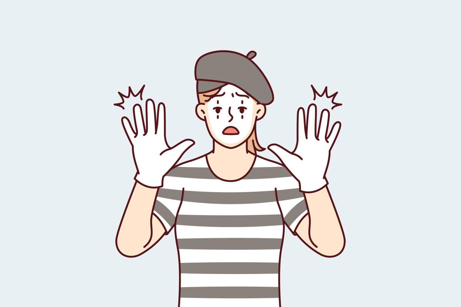 Funny woman clown with white face entertains people by acting as mime and leaning on invisible glass. Girl theater or circus actor stretches out palms to screen to cheer people up. Flat vector design