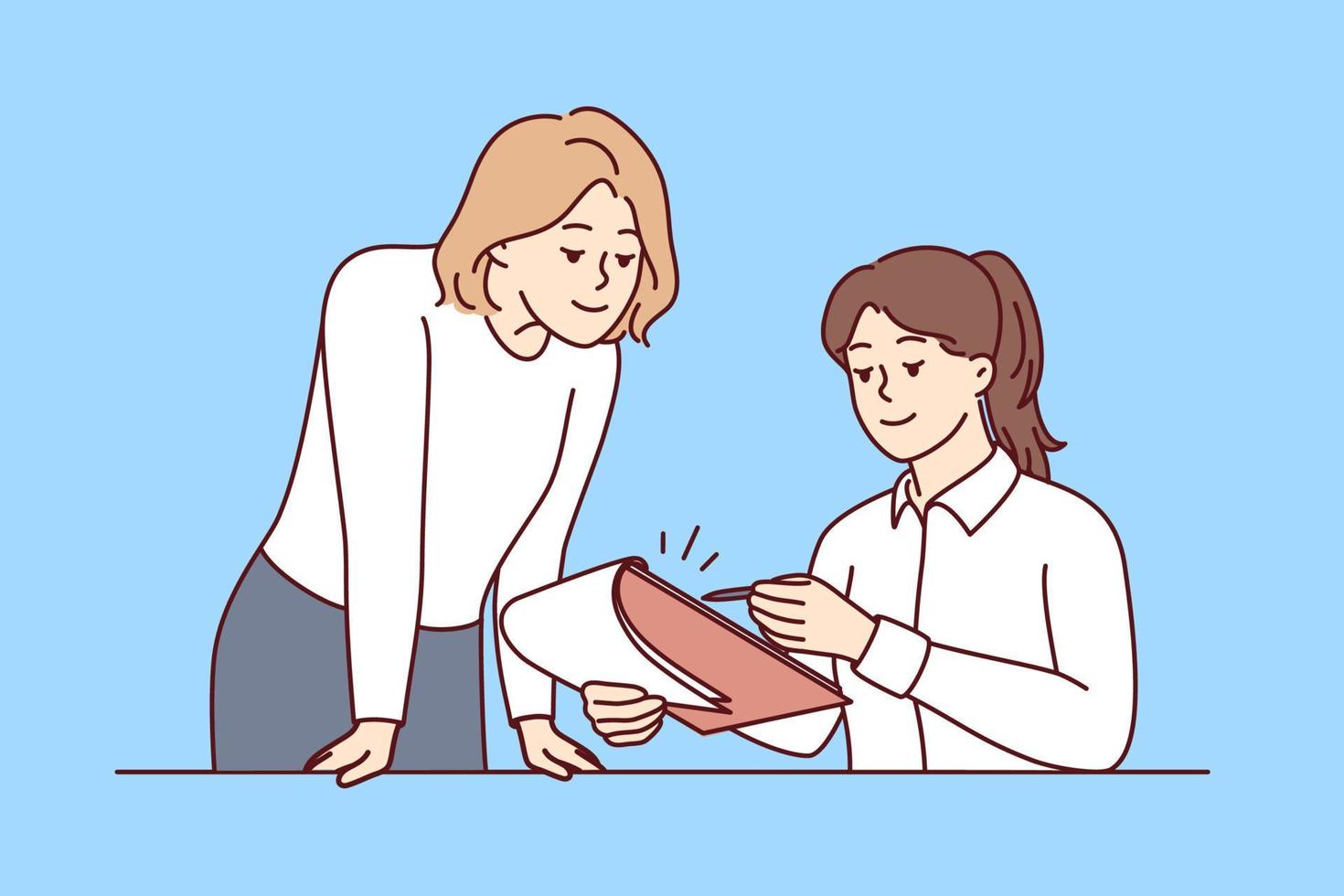 Woman manager sitting at table gives instructions to assistant using clipboard with working papers. Girl secretary stands near colleague and waits for signature of supervisor. Flat vector design