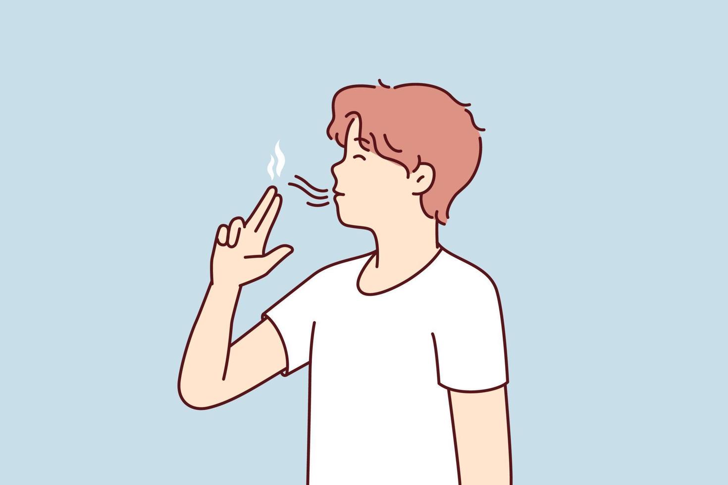 Casual guy teenager puts fingers to lips depicting gun wants to seem like smoker. Youth man lights invisible cigarette suffering from bad habits or nicotine addiction. Flat vector illustration