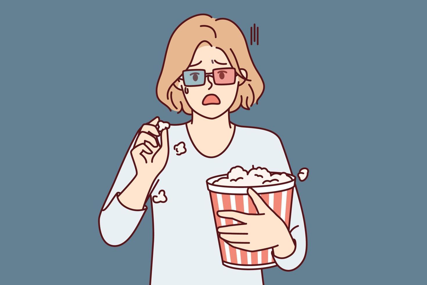 Frightened woman with bucket of popcorn opens mouth during scary moment in horror movie. Fair-haired girl in glasses for 3d cinema looks forward with surprise. Flat vector illustration