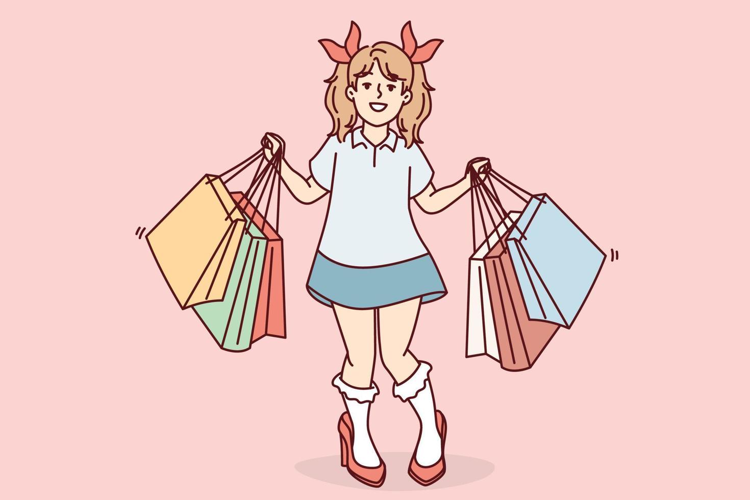Little funny teen girl with shopping mall bags is standing in high heeled shoes wanting to be like mother. Happy school-age child poses as adult woman returning from shopping. Flat vector design