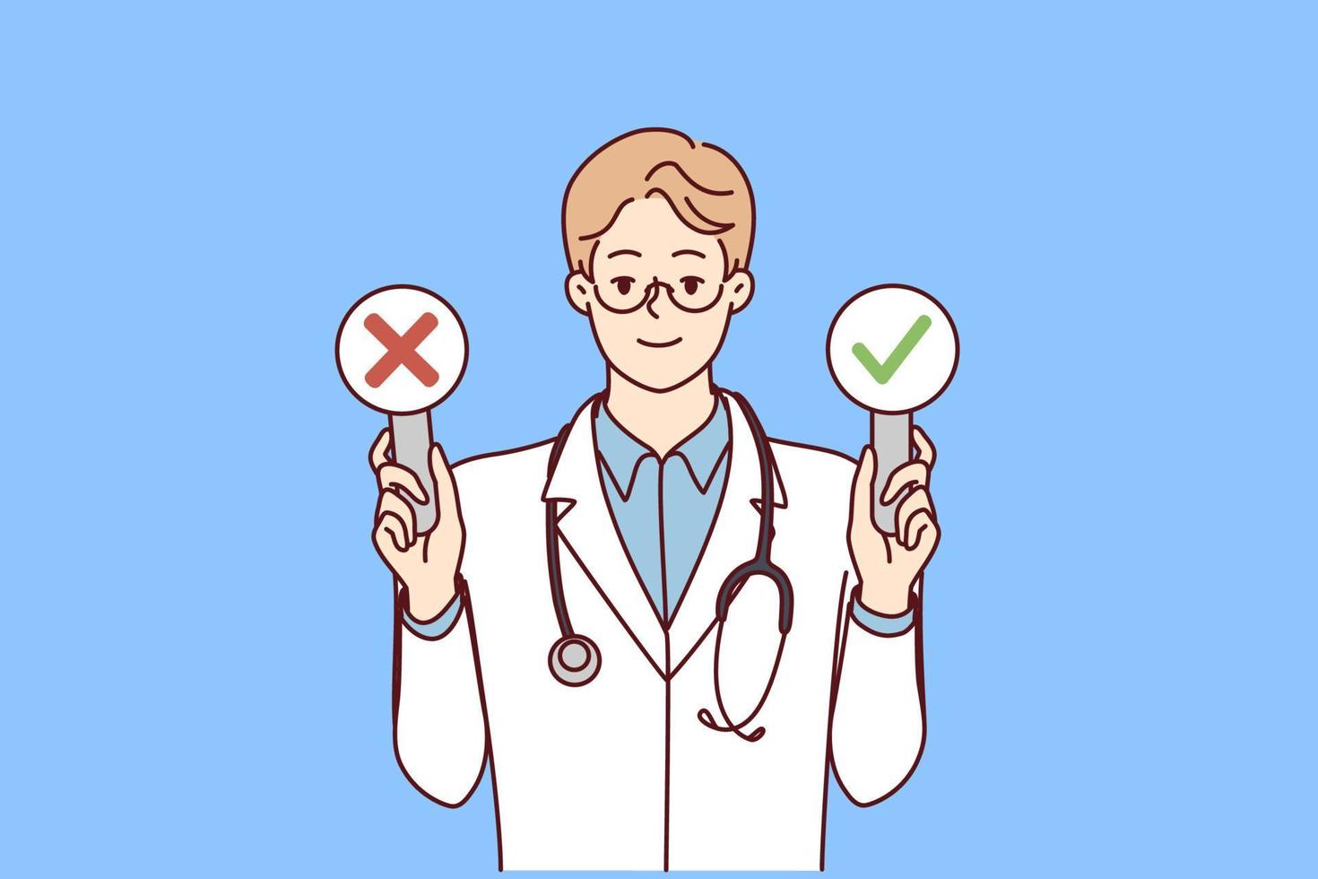 Man doctor with stethosop around neck demonstrates signs with check mark and cross. Young guy therapist in white coat shows signs of presence or absence of disease in patient. Flat vector design