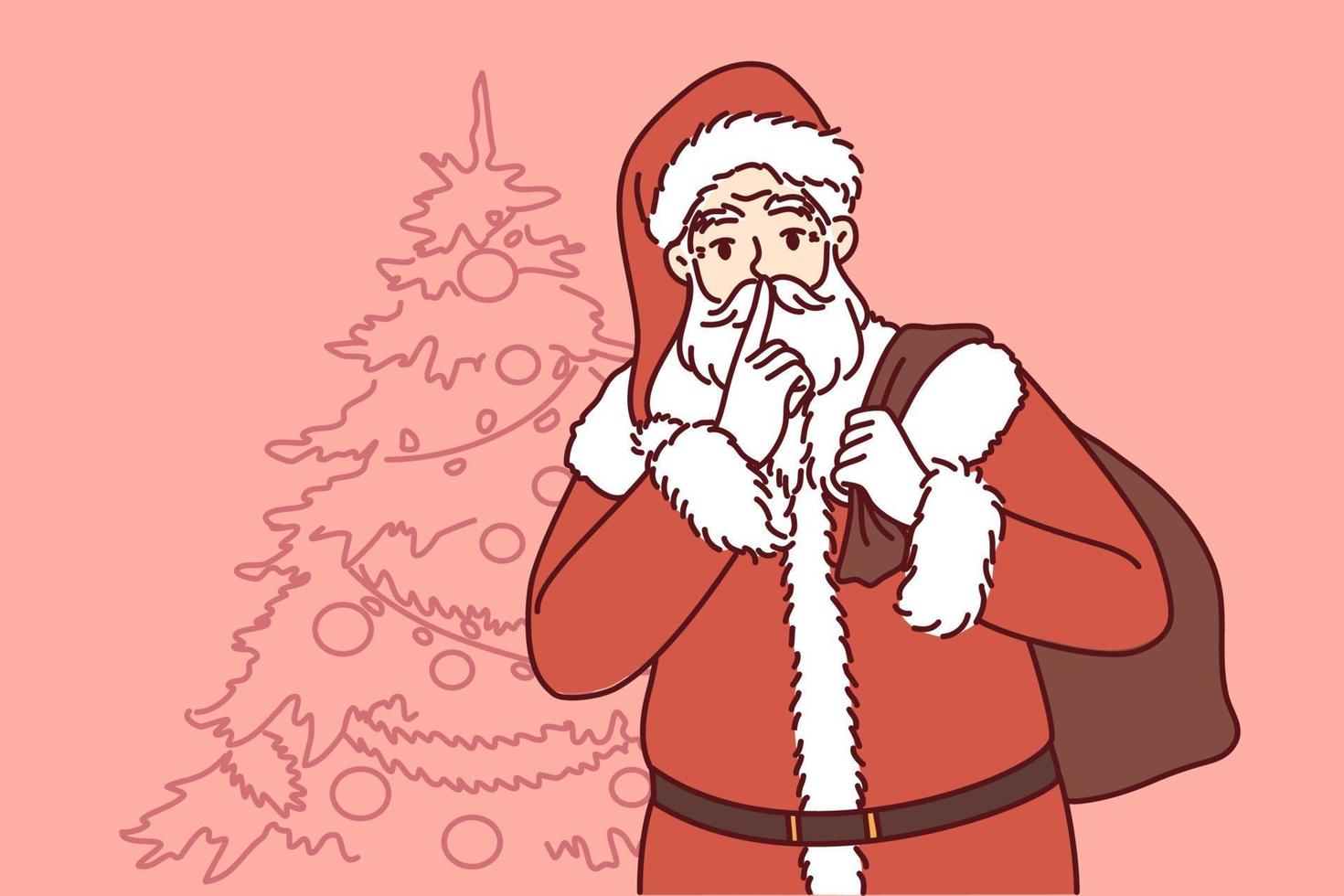 santa claus con una bolsa de regalos a la espalda vino a felicitar a los niños en las vacaciones de navidad. el mago de año nuevo se para cerca del árbol de navidad y se lleva el dedo a los labios y pide silencio. ilustración vectorial plana vector