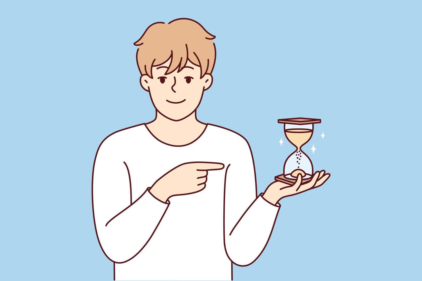 Smiling young man point at sandglass show sand flowing and time passing. Happy male show with finger and hourglass. Vector illustration.