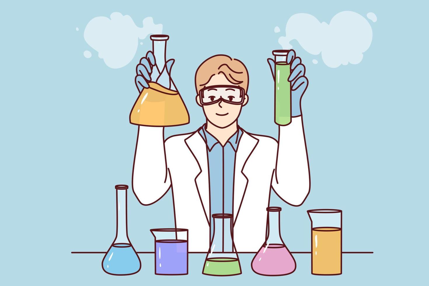 Smiling male researcher in white medical coat make experiments in laboratory. Happy man scientists experiment with tubes in lab. Science. Vector illustration.