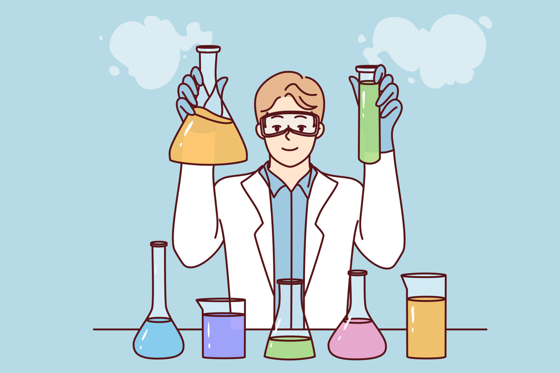 Smiling male researcher in white medical coat make experiments in