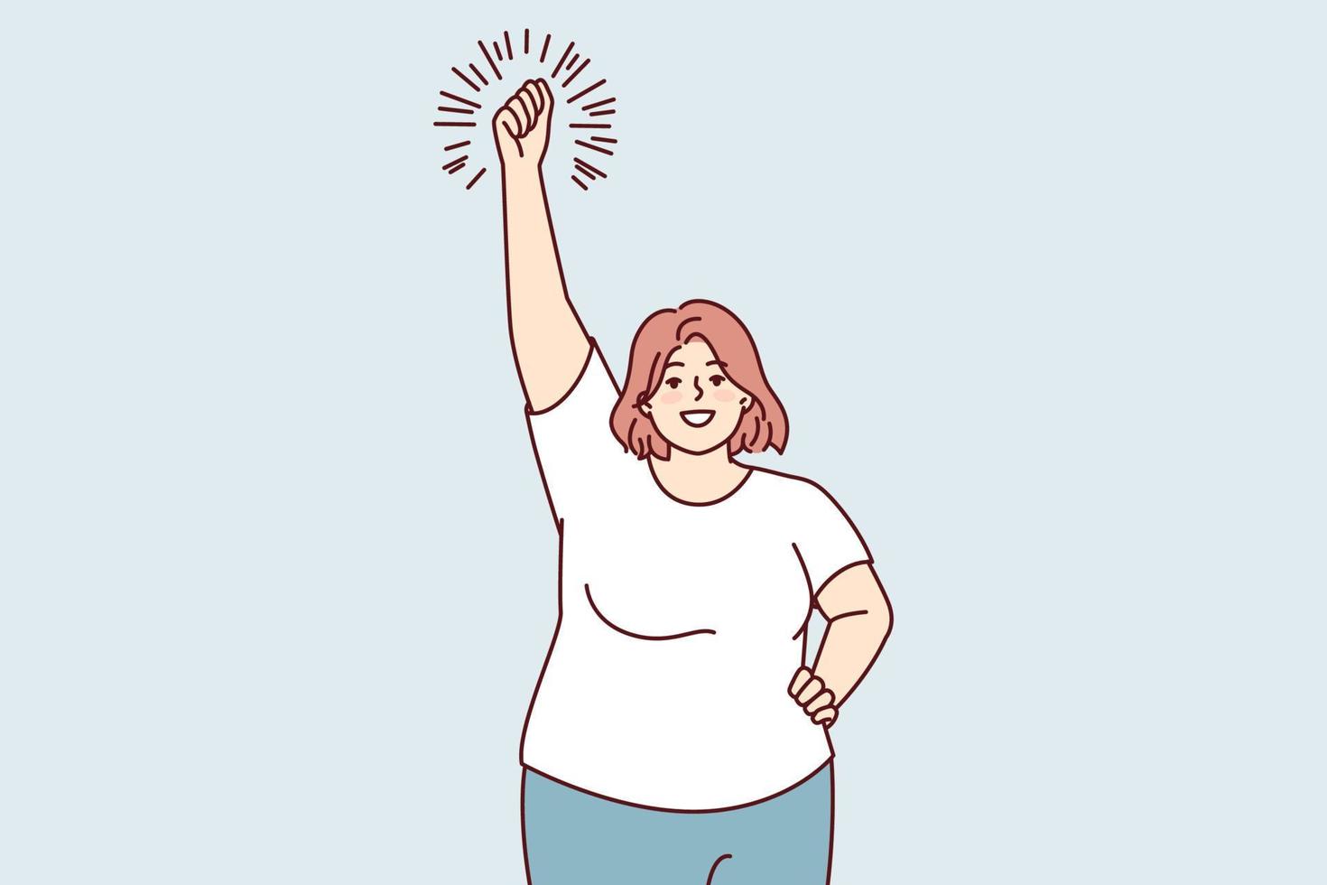 Smiling big size woman doing warm-up raising hands up leads active lifestyle. Girl in casual clothes making stretching before going to fitness room or sports club. Flat vector illustration
