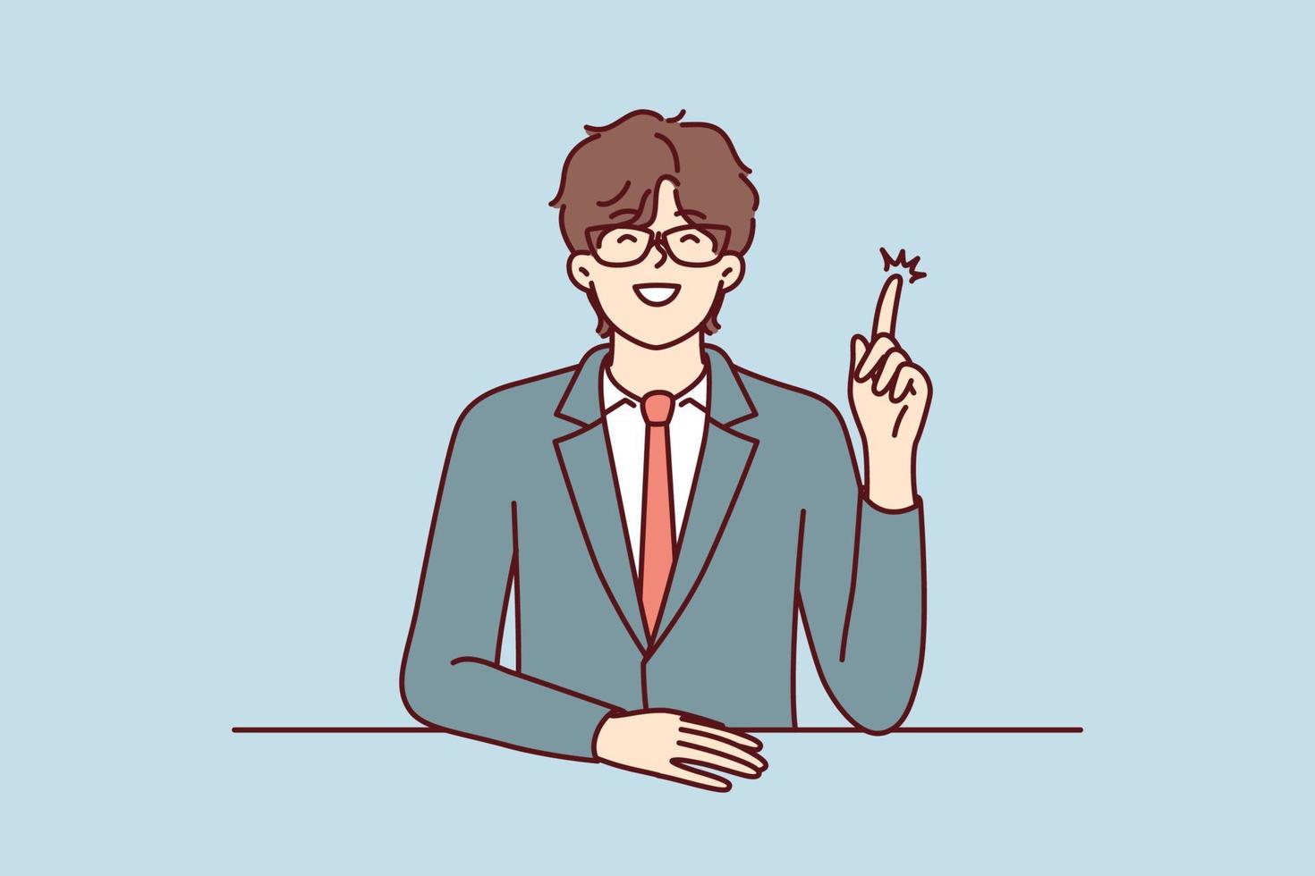 Inspired man manager pointing finger up while coming up with idea to increase company profits. Guy in business suit raises hand and wants to speak during meeting with colleagues. Flat vector design