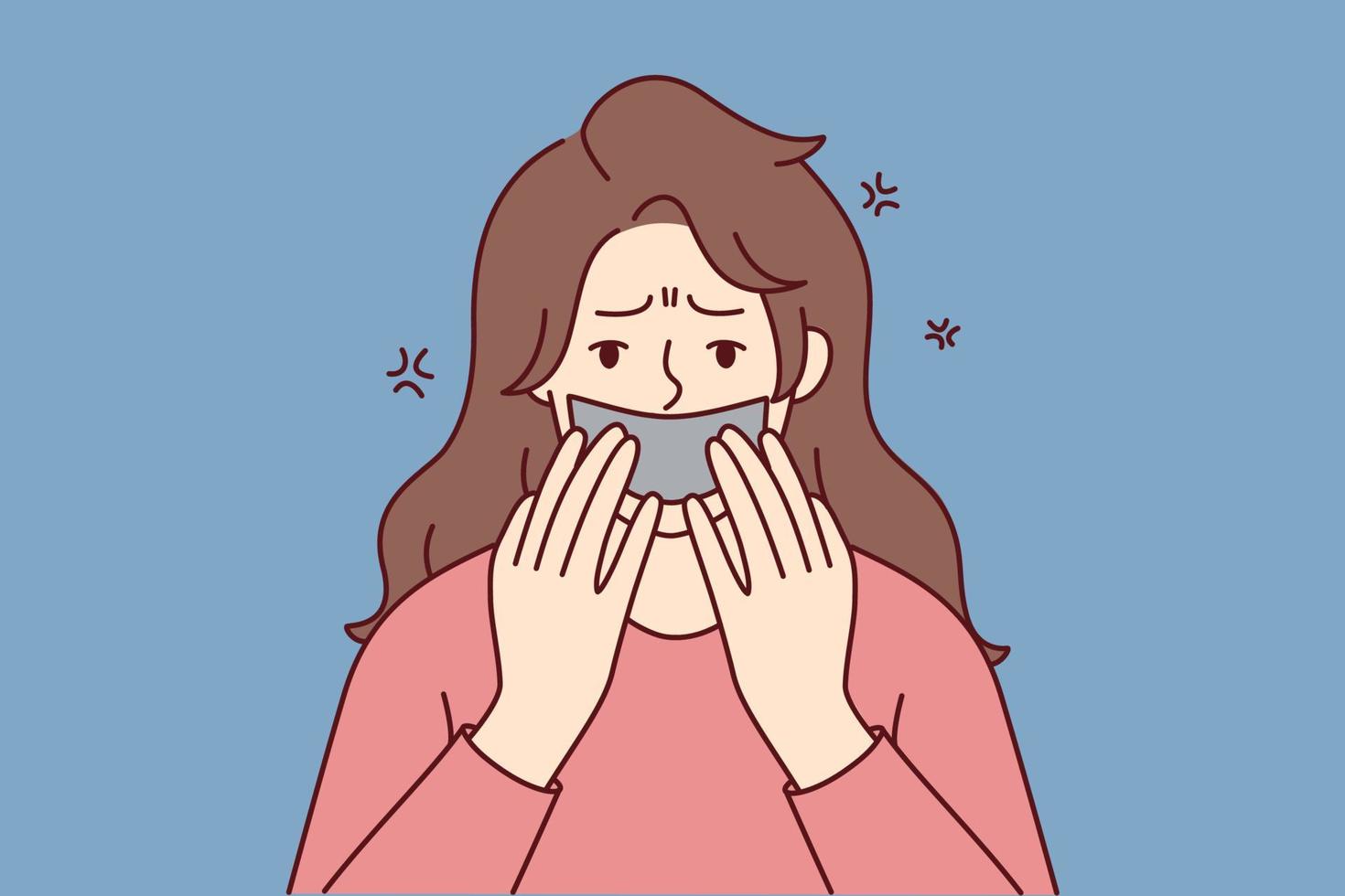 Scared young woman with tape on mouth suffer from speech censorship. Terrified female have freedom of speech limitation. Discrimination and harassment. Vector illustration.