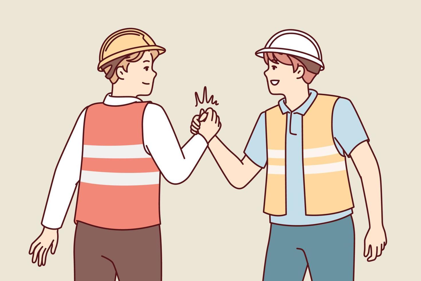 Two men in uniform of builders or repairmen shake hands holding each others palms tightly. Young guys in reflective vests and safety helmets demonstrate unity and solidarity. Flat vector design