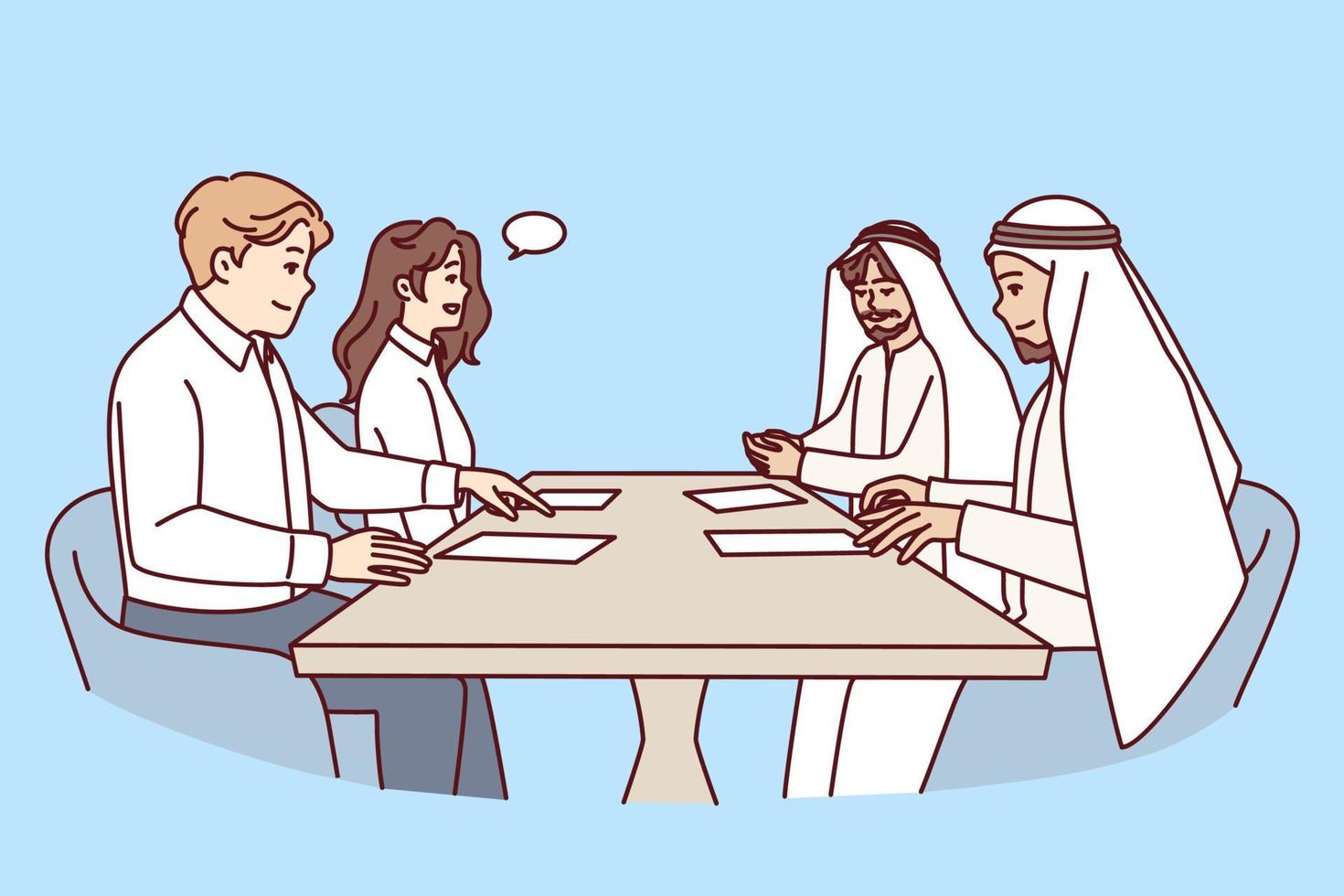 Managers of international company sit at table with papers and discuss investments. Business talks of people in Arabian clothes and European company employees with speech bubble. Flat vector image