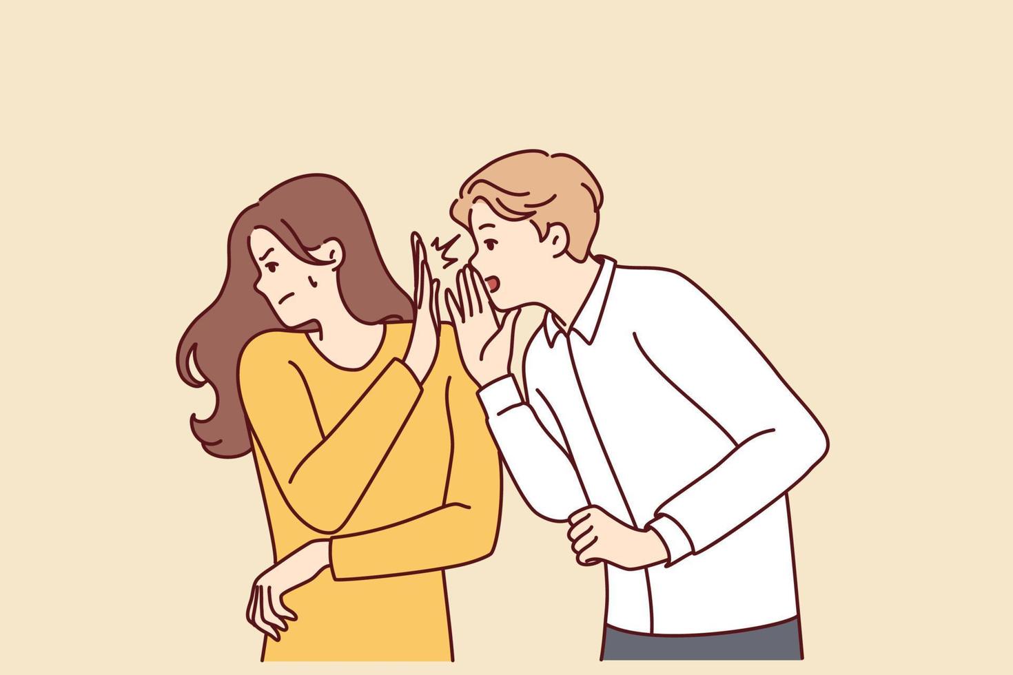 Self-sufficient woman turns away from screaming man after insults or unpleasant words. Girl shows stop sign with palm to guy who wants to tell secret or make obscene proposal. Flat vector illustration