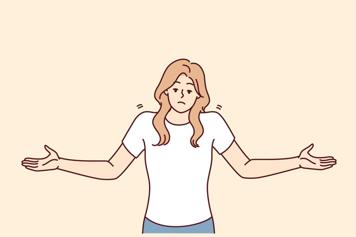 mujer insegura levanta las manos demostrando falta de respuesta correcta a la pregunta formulada. chica no profesional con ropa informal muestra falta de solución a los problemas que han surgido. imagen vectorial plana vector