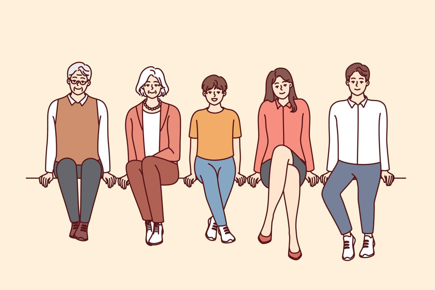 People of different ages dressed in casual style sit in row and look at screen. Young and old men and women from one big family spend time together with smile. Flat vector illustration