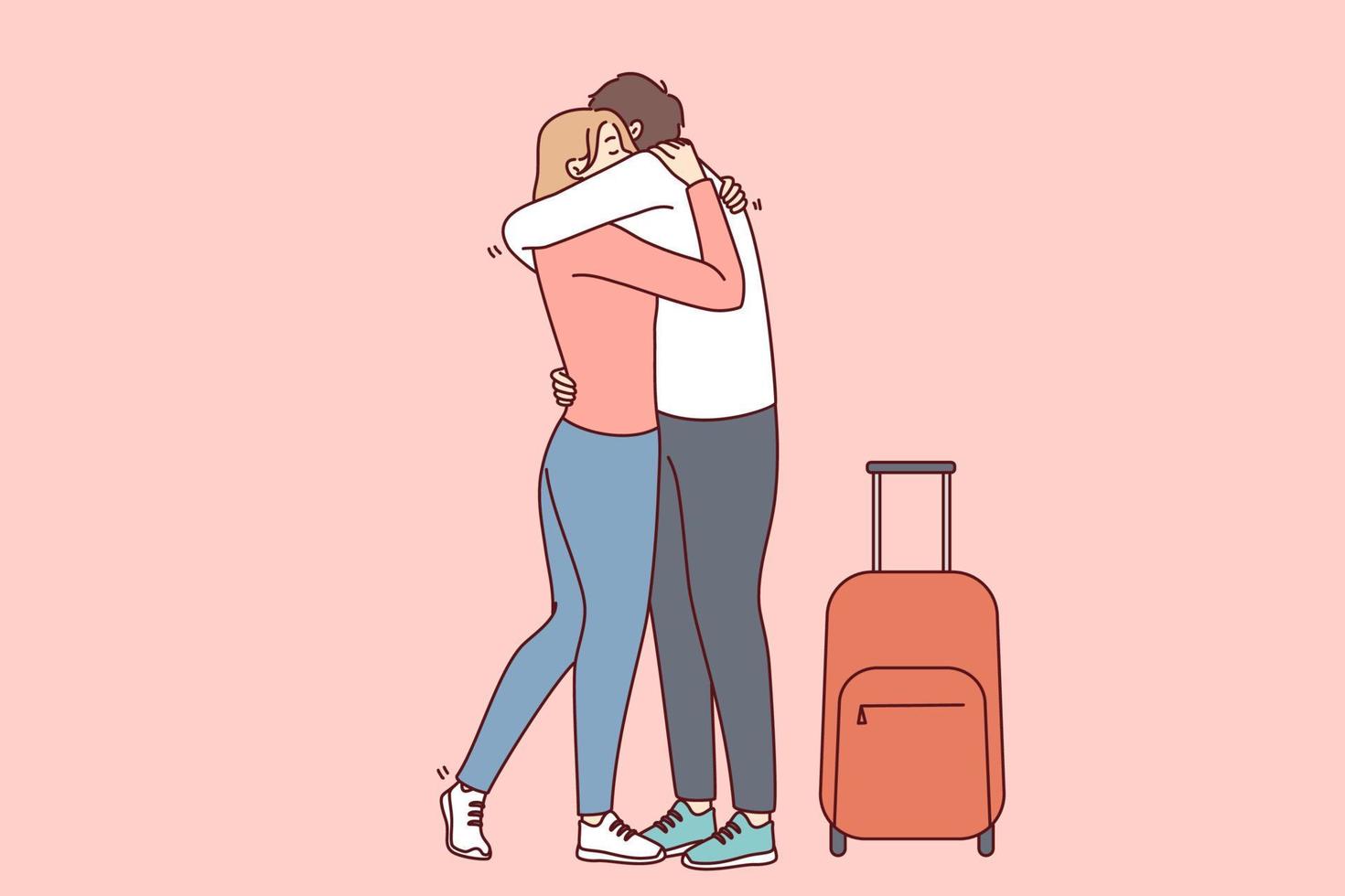 Woman hugging man with suitcase meet lover in airport. Happy couple embrace reunite after separation. Long distance relationship. Vector illustration.