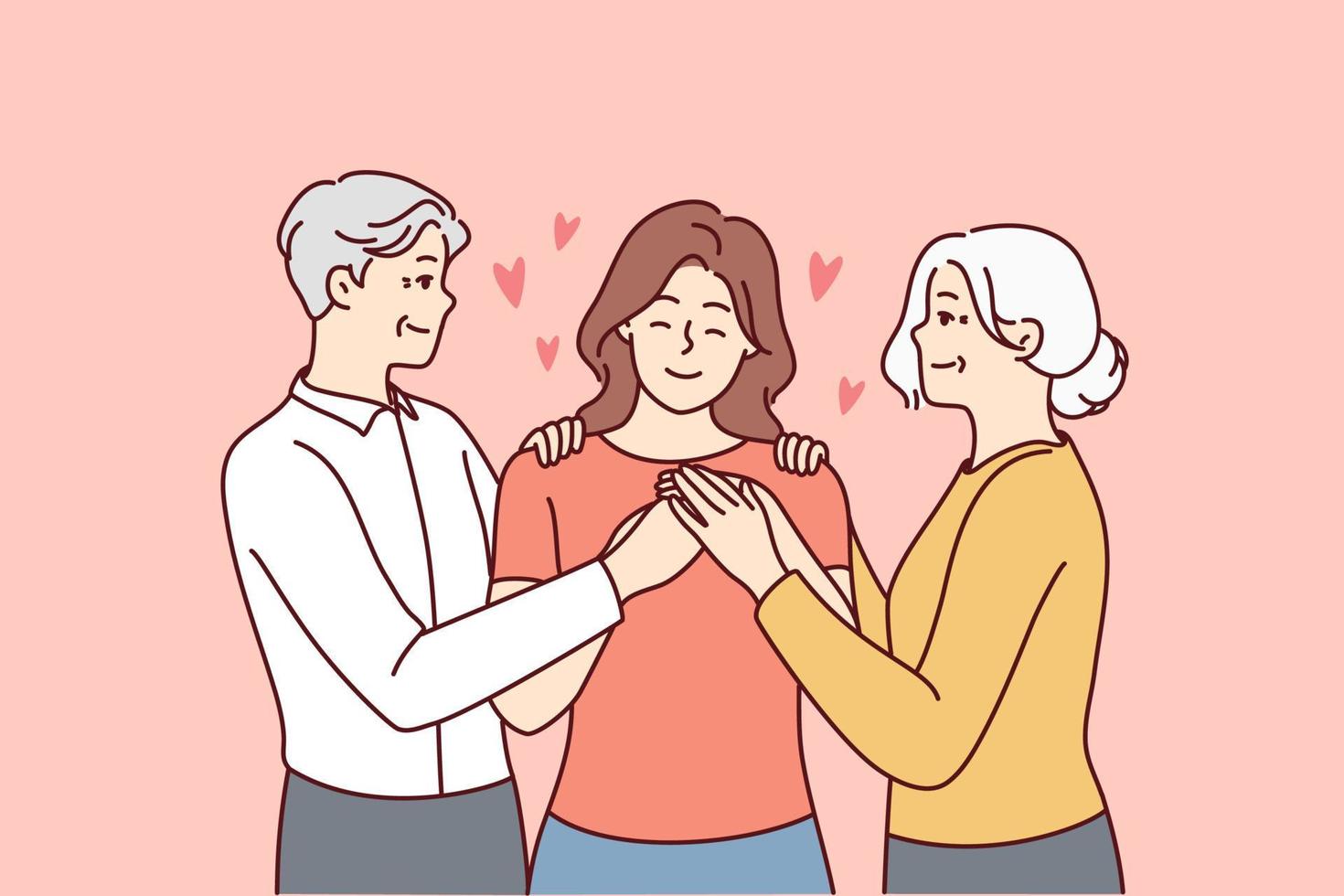 Happy elderly couple hugging grownup girl child showing love and care. Smiling old parents embrace cuddle adult woman. Family reunion. Vector illustration.